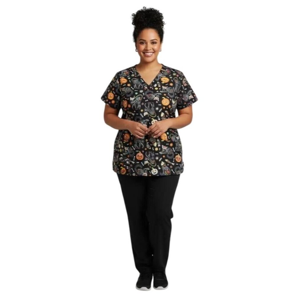 Luv Scrubs Women's Halloween Cartoon Print V-Neck Scrub Shirt Top Plus‎ Size 2X